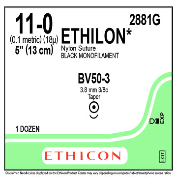 11-0 Ethilon Nylon Suture, Black Monofilament, 5", BV50-3, 12/Box