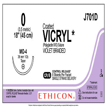 0 Coated Vicryl Suture, Violet Braided, 18" MO-4, 12/Box