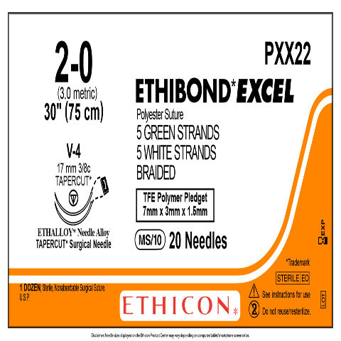 2-0 Ethibond Excel Green/White Braided Suture, 30", V-4, 12/Box