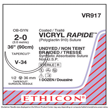 2-0 Coated Vicryl Rapide Undyed Braided Sutures, 36", V-34, 12/Box