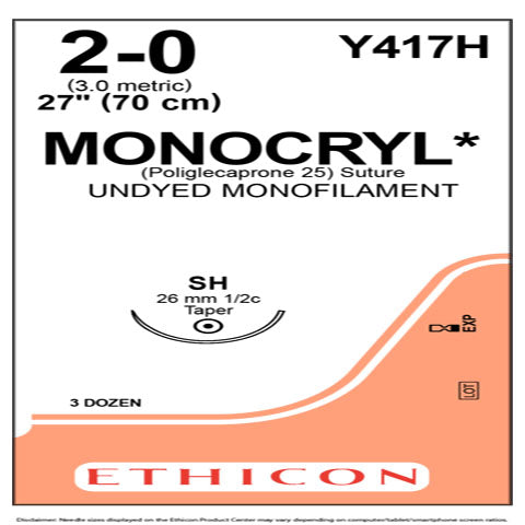 2-0 Monocryl Undyed Monofilament Sutures, 27", SH, 36/Box