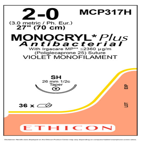 2-0 Monocryl Plus Antibacterial Sutures, 27", SH, 36/Box