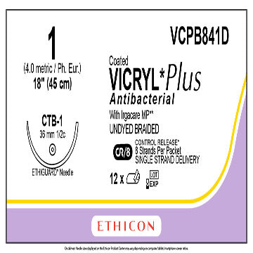 1 Vicryl Plus Antibacterial Undyed Braided Sutures, 18", CTB-1, 12/Box