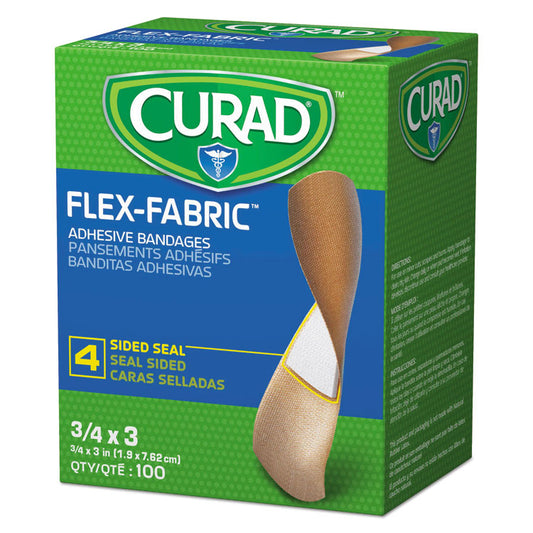 Curad Flex-Fabric Adhesive Bandages, 4-Sided Seal, 3/4 x 3", 100/Box