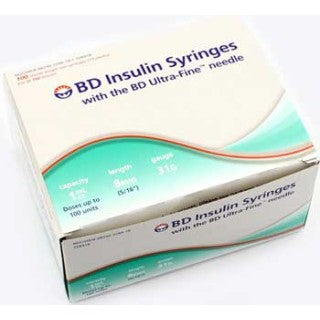 BD Insulin Syringes w/ BD Ultra-Fine 31 Ga 8mm 1mL 100/Box