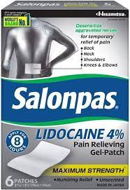 Salonpas Lidocane 4% Pain Relieving Gel Patch, Maximum Strength, 3 15/16" x 5 1/2", 6/Box, 3 Boxes/Pack