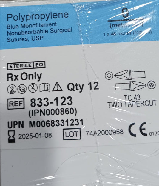 0 Polypropylene Blue Monofilament Nonabsorbable Surgical Sutures, 48", TC 43, Two Tapercut, 12/Box