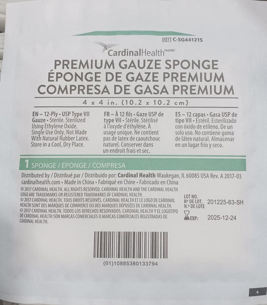 Premium Gauze Sponges 4"x 4", 12-Ply, 100/Box