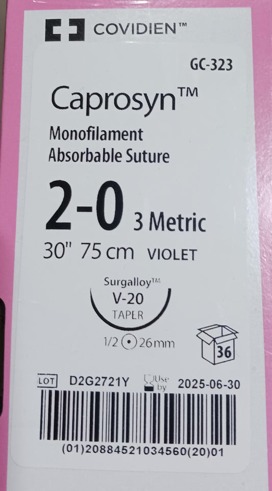 2-0 Caprosyn Monofilament Absorbable Sutures, 30", V-20, 36/Box