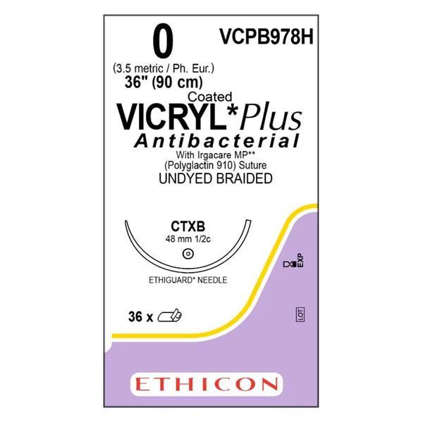 0 Coated Vicryl Plus Antibacterial Undyed Braided Absorbable Suture, 36" CTXB Ethiguard Needle, Expiring Soon/Discounted, 36/Box