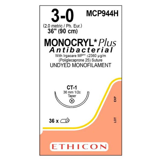 3-0 Monocryl Plus Antibacterial Undyed Absorbable Suture, 36" CT-1 Taperpoint, Expired/Discounted, 36/Box