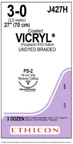 3-0 Coated Vicryl Undyed Braided Absorbable Suture, 27" PS-2 Reverse Cutting, Expired/Discounted, 36/Box