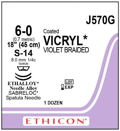 6-0 Coated Vicryl Violet Braided Suture, 18" S-14 Spatula Needle, Expired/Discounted, 12/Box