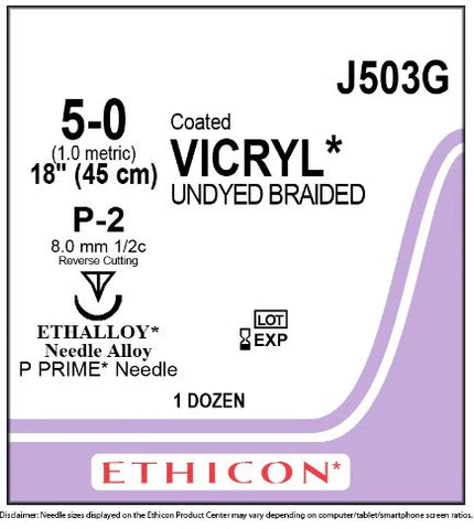 5-0 Coated Vicryl Suture, 18" P-2 Reverse Cutting, Expired/Discounted, 12/Box