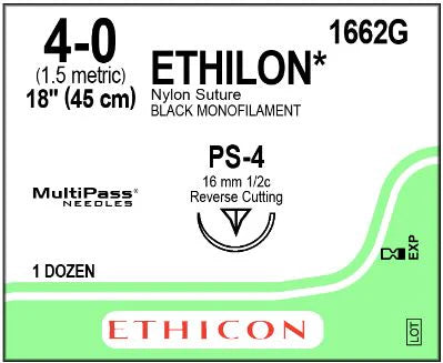 4-0 Ethilon Black Monofilament Non-Absorbable Suture, 18" PS-4 Reverse Cutting, Expired/Discounted, 12/Box