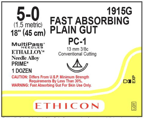 5-0 Fast Absorbing Plain Gut, 18" PC-1 Conventional Cutting, Expired/Discounted, 12/Box