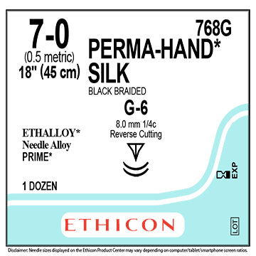 7-0 Perma-Hand Silk Black Braided Suture, 18", G-6, 12/Box