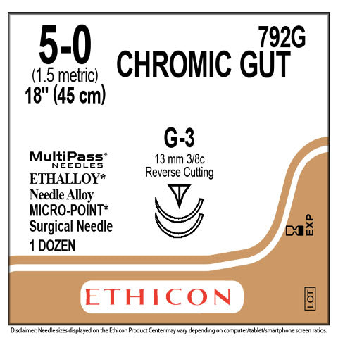 5-0 Chromic Gut Undyed Absorbable Sutures, 18", G-3, 12/Box