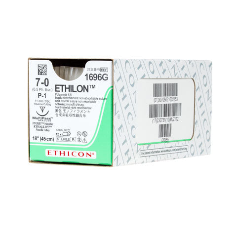 7-0 Ethilon Black Monofilament Non-Absorbable Sutures, 18", P-1, 12/Box