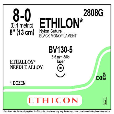 8-0 Ethilon Black Monofilament Suture, 5", BV130-5, 12/Box