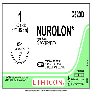 Nurolon Suture 1, 18" Nylon Black Braided, Taper, CT-1, Sterile, 12/Box