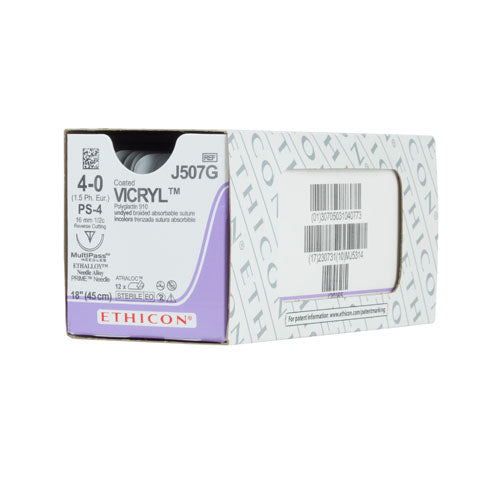 Coated Vicryl Suture 4-0, 18" Undyed Braided, Reverse Cutting, PS-4, Sterile, 12/Box