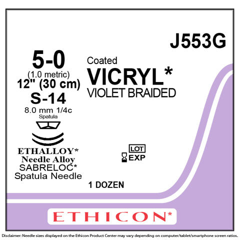 5-0 Vicryl Violet Braided Sutures, 12", S-14, 12/Box