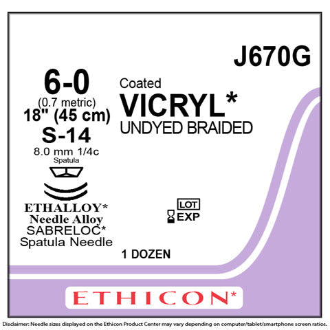 6-0 Coated Vicryl Undyed Braided Sutures, 18", S-14, 12/Box