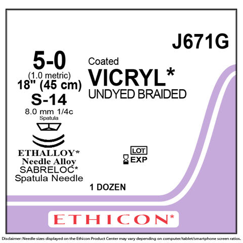 5-0 Vicryl Undyed Braided Sutures, 18", S-14, 12/Box