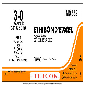 3-0 Ethibond Excel Green Braided Suture, 30", RB-1, 12/Box