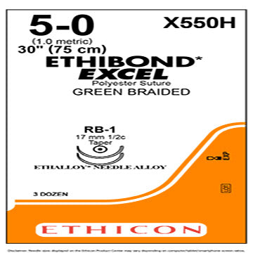 5-0 Ethibond Excel Coated Polyester Green Braided Sutures, 30", RB-1, 36/Box