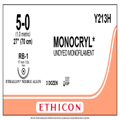 Monocryl Monofilament 5-0 27&quot; RB-1 Taper Suture 19/Box