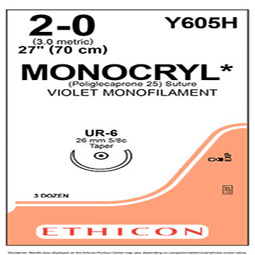 2-0 Monocryl Violet Monofilament Suture, 27", UR-6, 36/Box