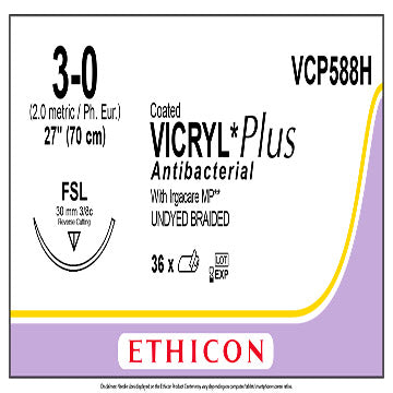 Coated Vicryl Plus Suture 3-0, Antibacterial 27", Reverse Cutting FSL, Sterile 36/Box