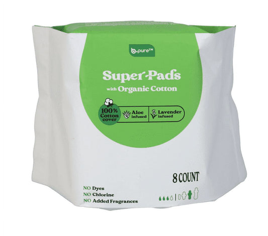 B-Pure Super Pads w/Organic Cotton, Aloe and Lavender Infused, 8/Pack