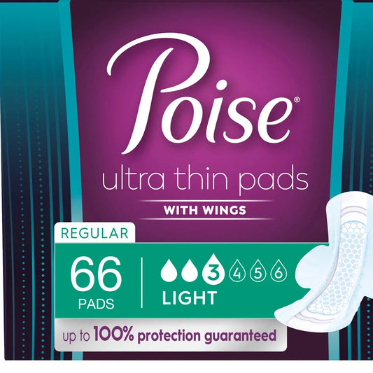 Incontinence, Poise Ultra Thin Pads w/Wings, Light Regular, 66/Box