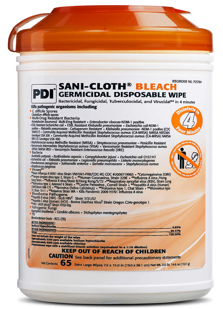 Sani-Cloth Bleach Germicidal Disposable Wipes, 65 Wipes/Tub, 6 Tubs/Box