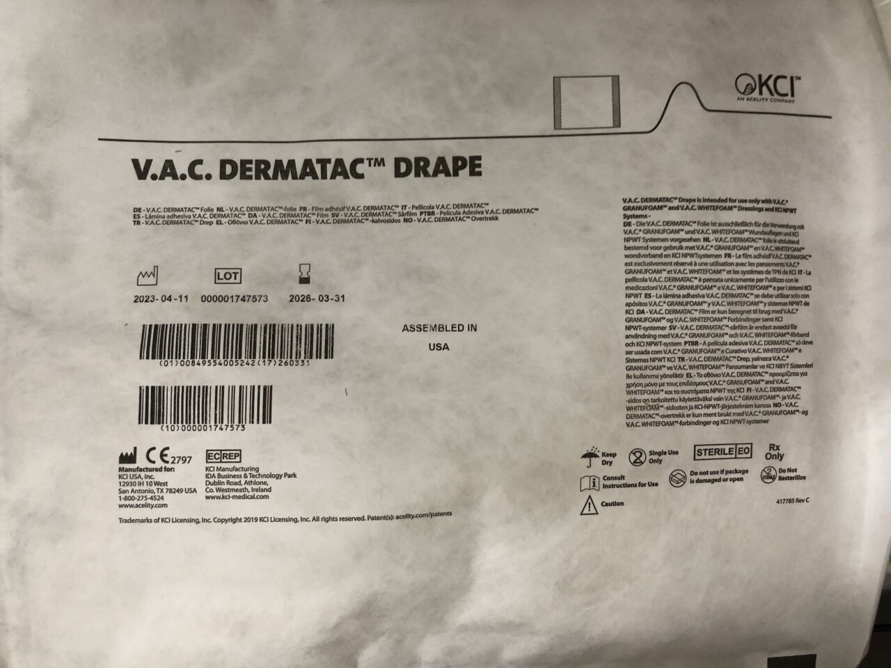 V.A.C. Dermatac Drape, Sterile, 10/Box