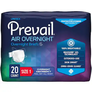 Incontinence, Adult Disposable Air Overnight Briefs, Maxsorb Gel Technology, Size 1 26"-48", 20/Bag