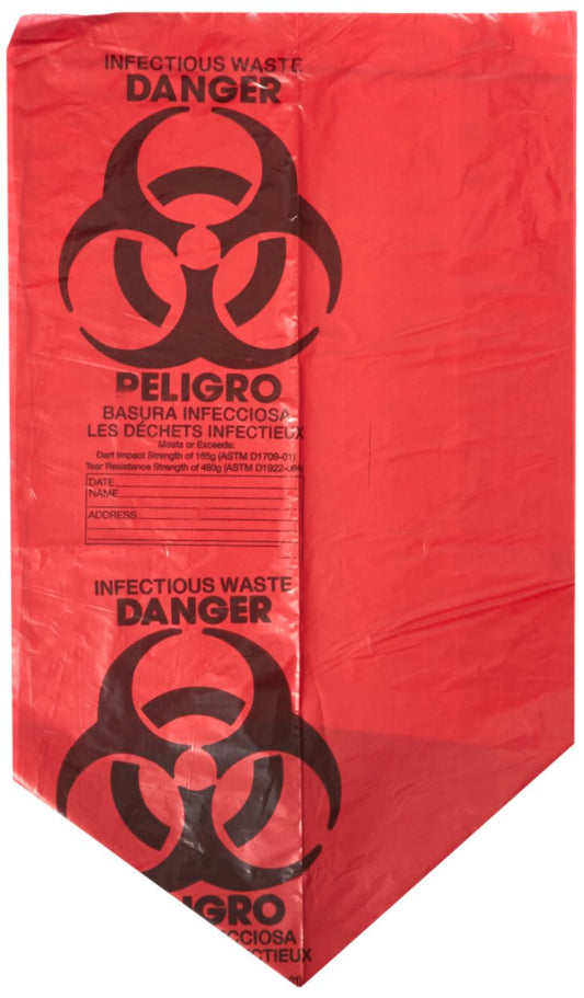 Can Liners, 10 Gallons, 24" x 23", 1.3 Mil, Red Biohazard, 250/Box