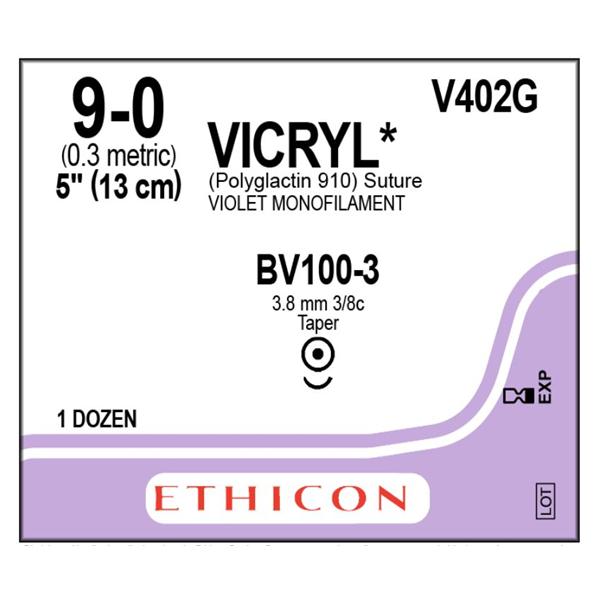 Vicryl Suture 9-0, 5" Violet Monofilament Absorbable, Taperpoint BV100-3 Sterile Taper Point,12/Box