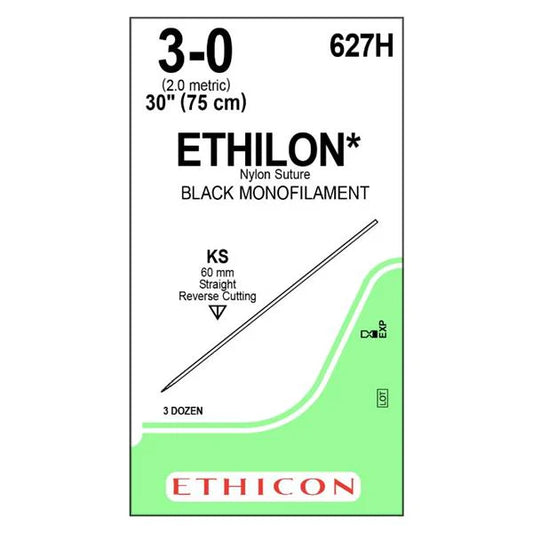 3-0 Ethilon Black Monofilament Non-Absorbable Suture, 30" KS Reverse Cutting, 32/Box
