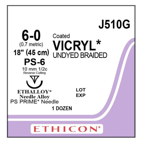 6-0 Coated Vicryl Undyed Braided Suture, 18" PS-6 Reverse Cutting, Expired/Discounted, 12/Box