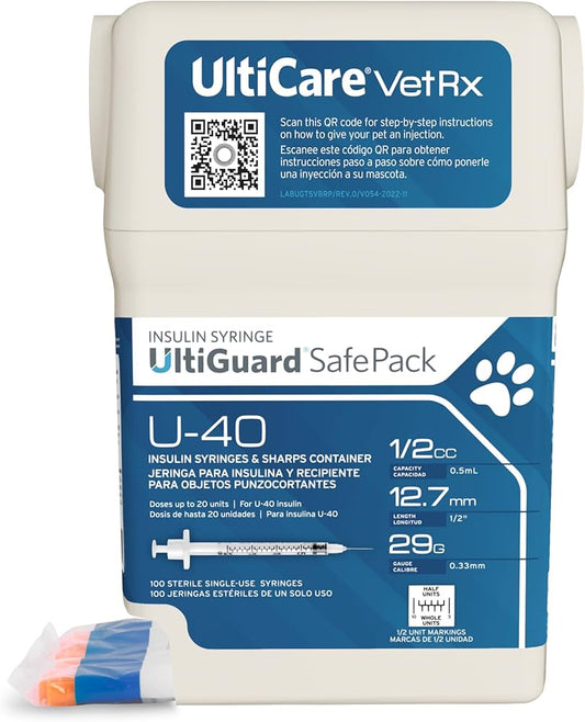Vet Rx UltiGuard SafePack U-40 Insulin Syringes & Sharps Container, 29G x 12.7mm, Sterile, 100/Pack