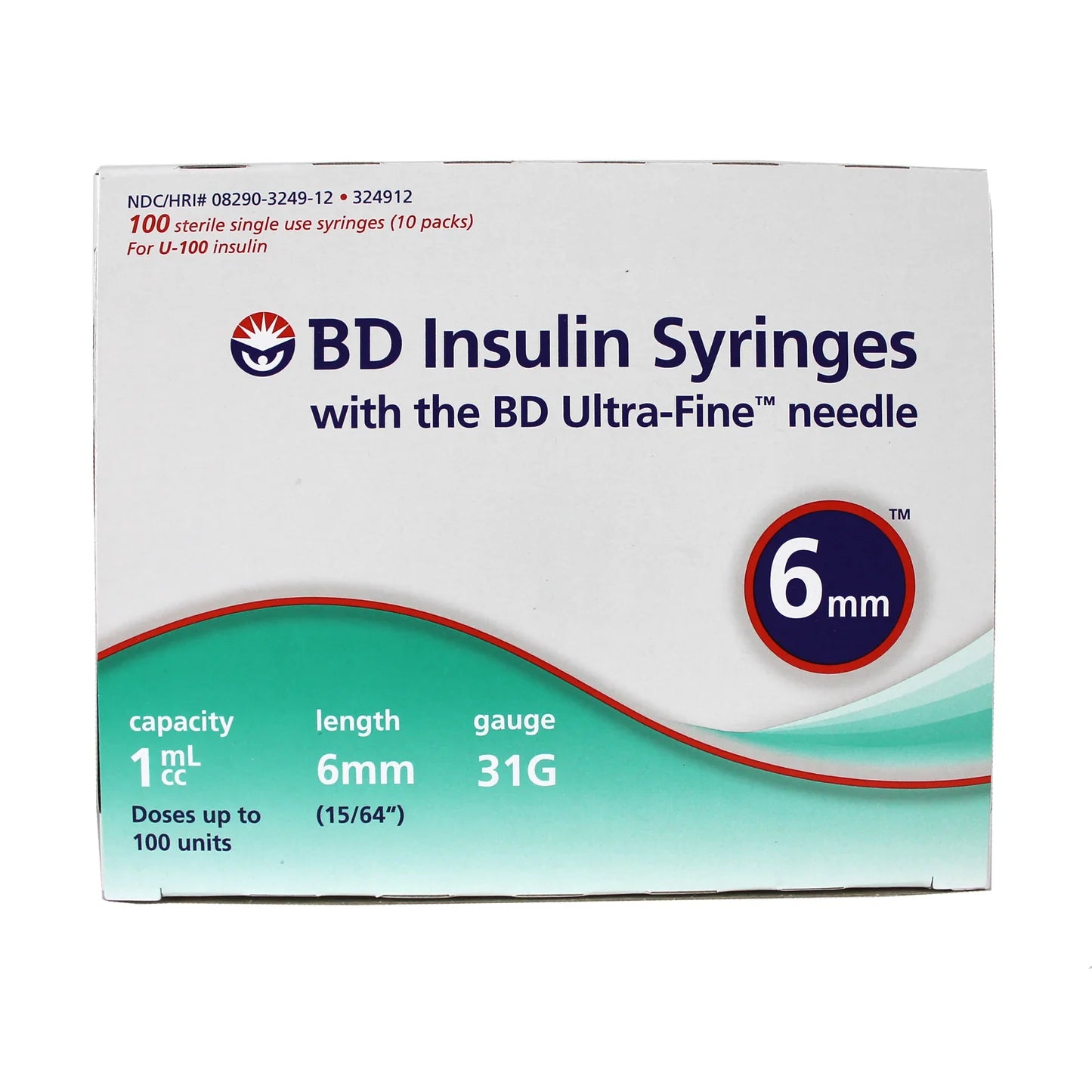Safety Glide 6 mm Insulin Syringe, 31G x 6 mm, 1 mL, 100/Box