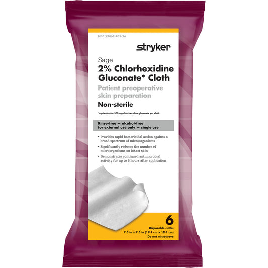 Sage 2% Chlorhexidine Gluconate Cloth, Non-Sterile, 7.5" x 7.5", 6/Pk 16 Packs/Case