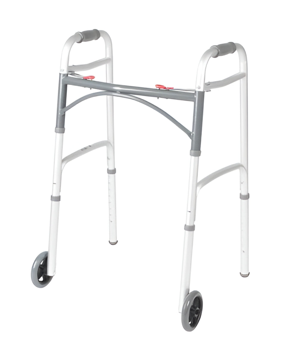 Walker, Folding Two-Button With 5" Front Wheels, Aluminum, Adjustable, Adult, USED, 1/Ea