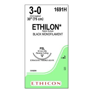 3-0 Ethilon Polyamide 6 Black Monofilament Sutures, 30" PSL, 36/Box