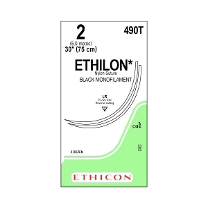 2 Ethilon Black Monofilament Non-Absorbable Suture, 30" LR Reverse Cutting, Expired/Discounted, 24/Box