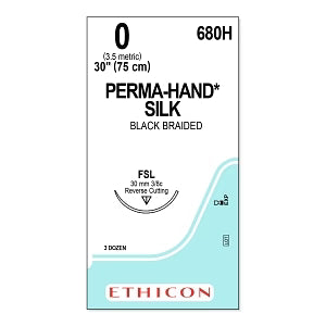 0 Perma-Hand Silk Black Braided Non-Absorbable Suture, 30" FSL Reverse Cutting, Expired/Discounted, 25/Box